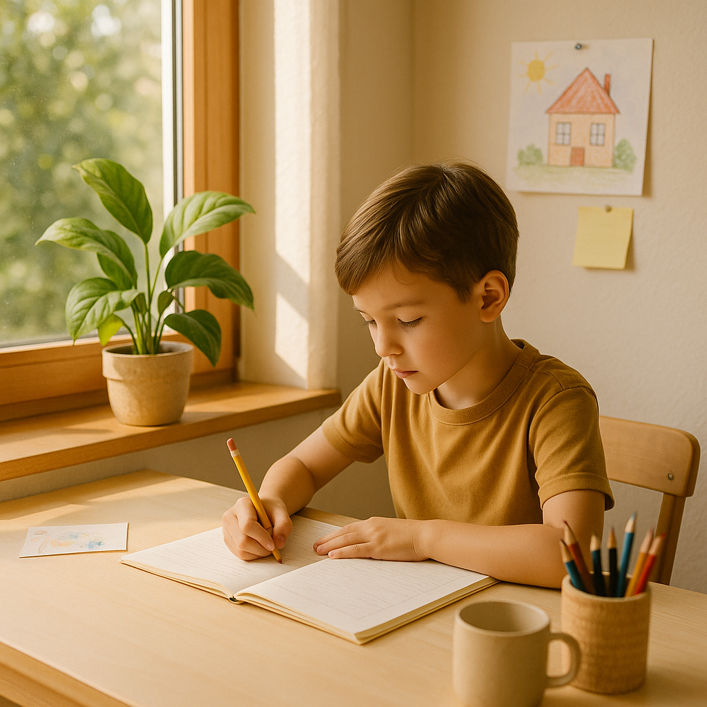 heller, optimaler Lernplatz mit Schreibtisch, Pflanze und natürlichem Licht in guter Lernatmosphäre