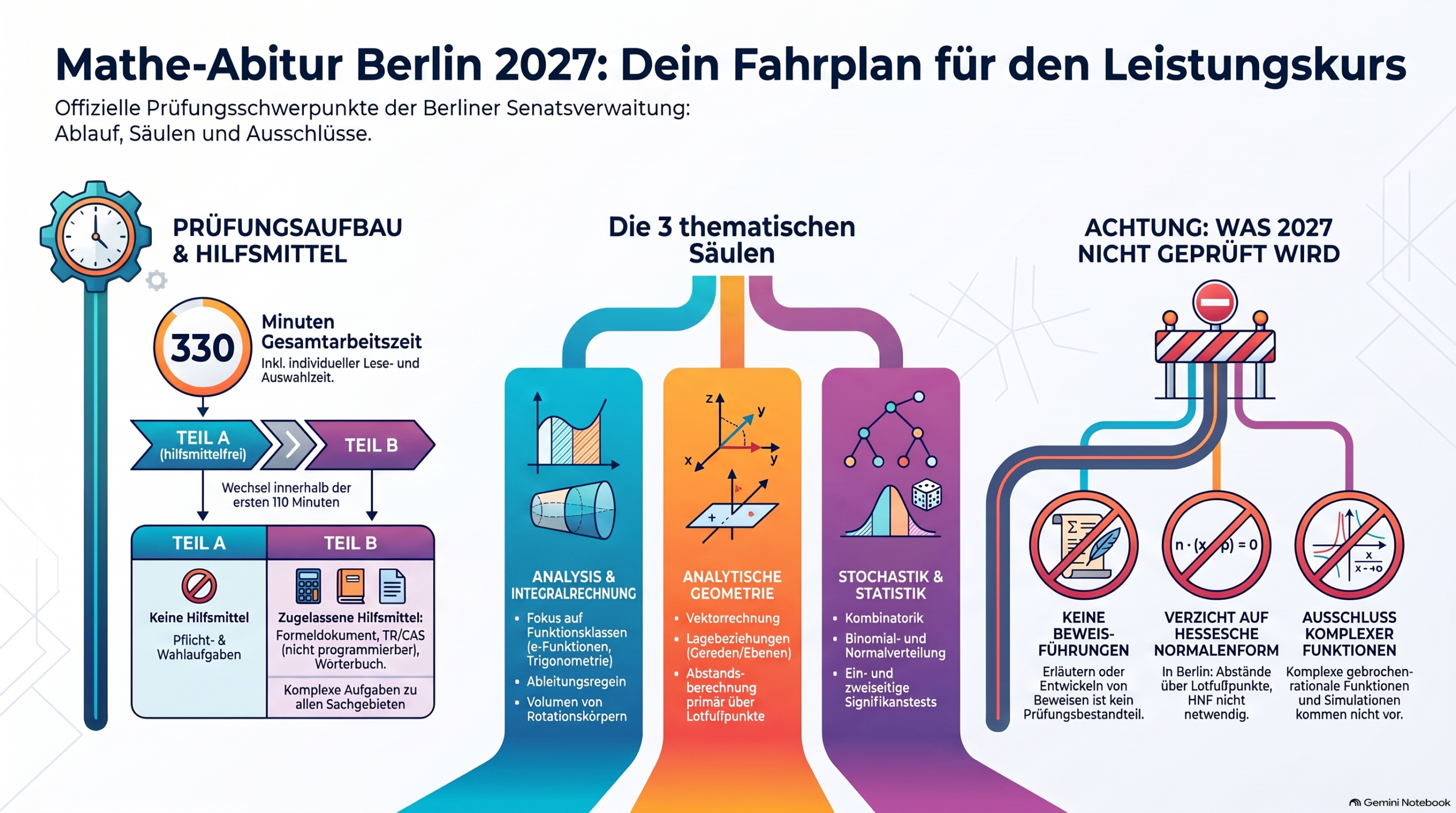 Infografik zum Mathe-Abitur 2027 in Berlin: Prüfungsablauf, Hilfsmittel und Themenschwerpunkte im Leistungskurs.