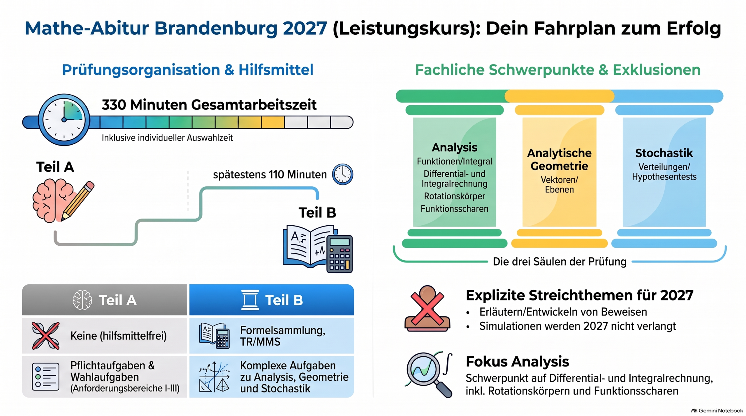 Infografik zum Mathe-Abitur 2027 in Brandenburg: Prüfungsablauf, Hilfsmittel und Themenschwerpunkte im Leistungskurs.