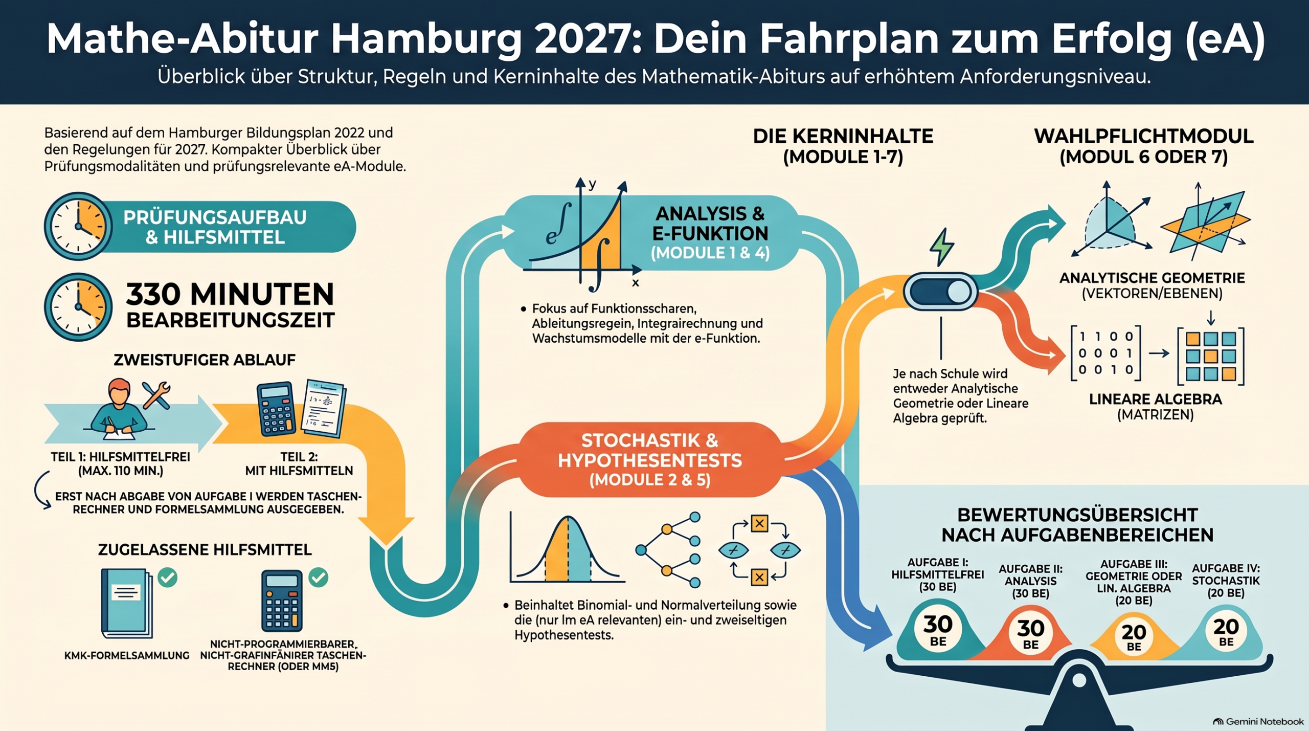 Infografik zum Mathe-Abitur 2027 in Hamburg: Prüfungsablauf, Hilfsmittel und Themenschwerpunkte im erhöhtes Anforderungsniveau.