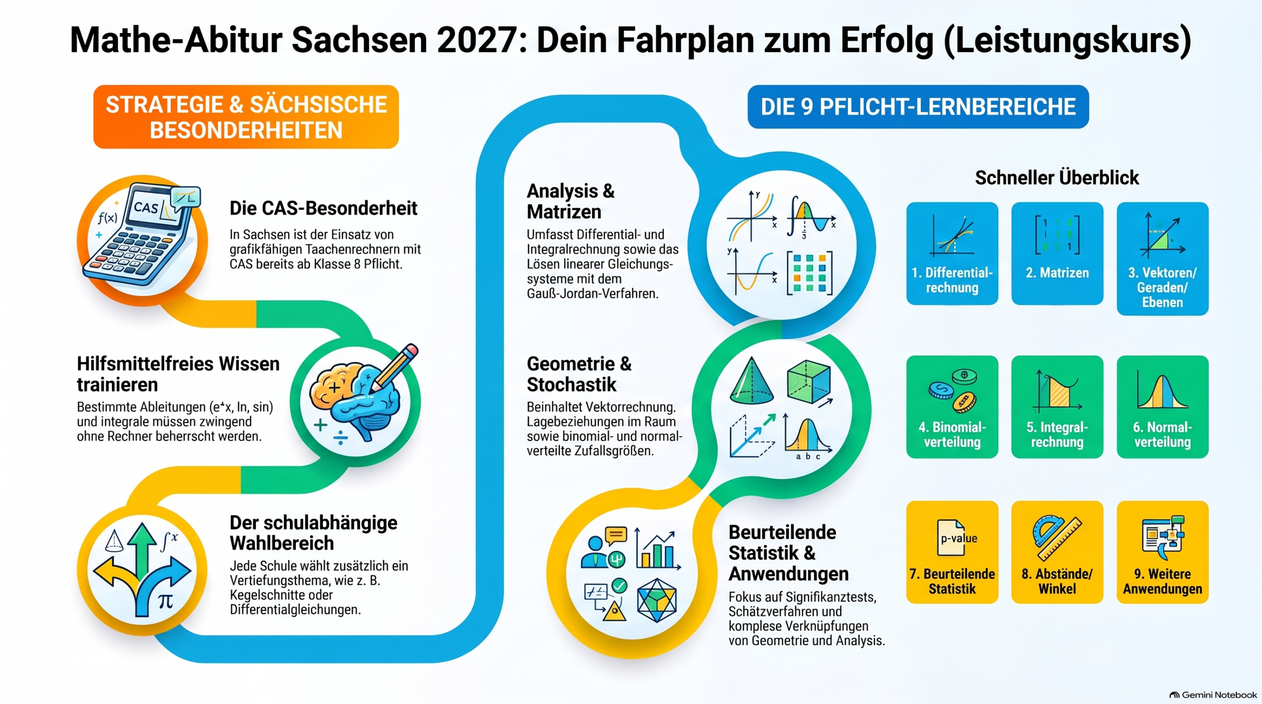 Infografik zum Mathe-Abitur 2027 in Sachsen: Prüfungsablauf, Hilfsmittel und Themenschwerpunkte im Leistungskurs.