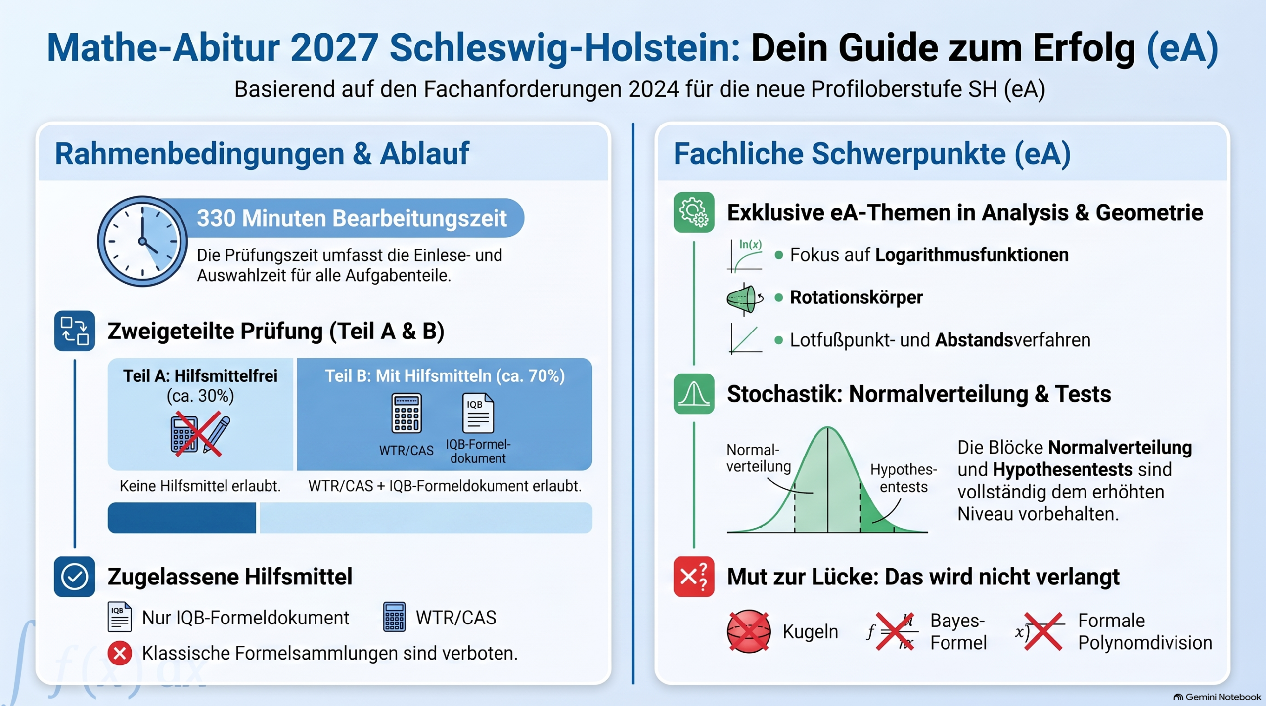 Infografik zum Mathe-Abitur 2027 in Schleswig-Holstein: Prüfungsablauf, Hilfsmittel und Themenschwerpunkte im erhöhtes Anforderungsniveau.