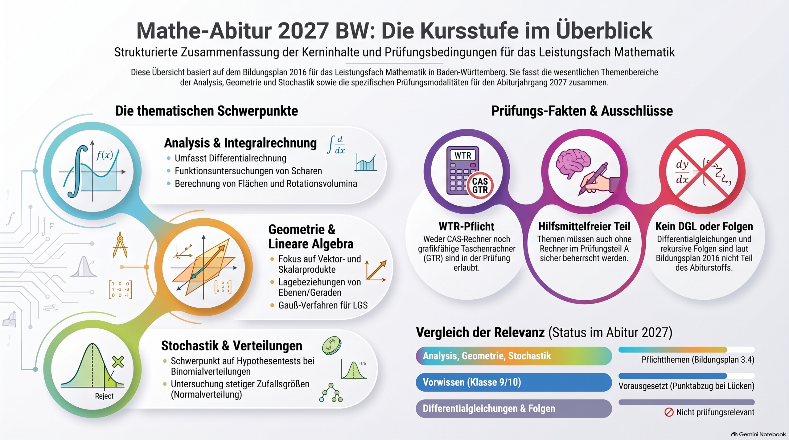 Infografik zum Mathe-Abitur 2027 in Baden-Württemberg: Prüfungsablauf, Hilfsmittel und Themenschwerpunkte im Leistungsfach.
