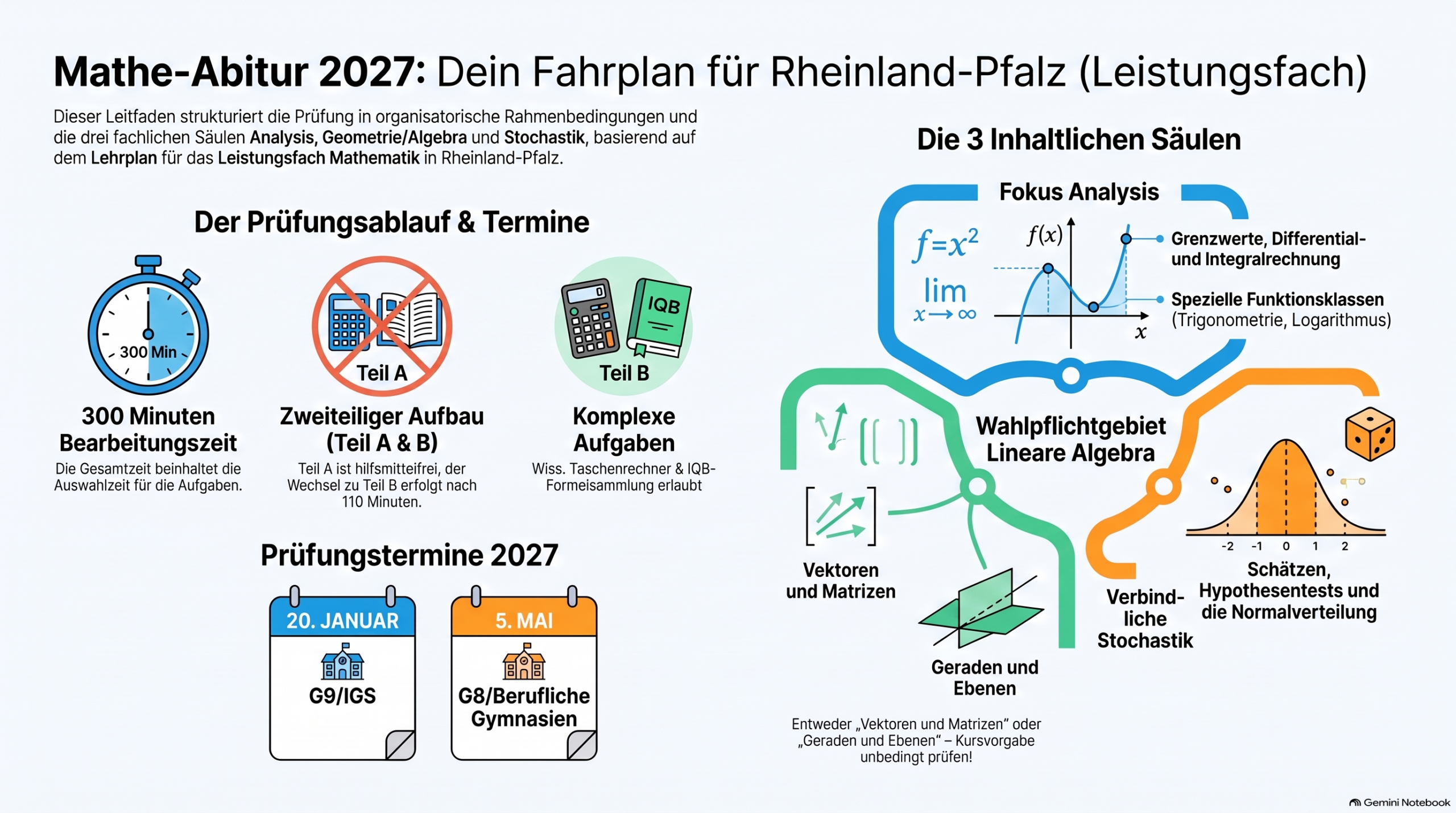 Infografik zum Mathe-Abitur 2027 in Rheinland-Pfalz: Prüfungsablauf, Hilfsmittel und Themenschwerpunkte im Leistungsfach.
