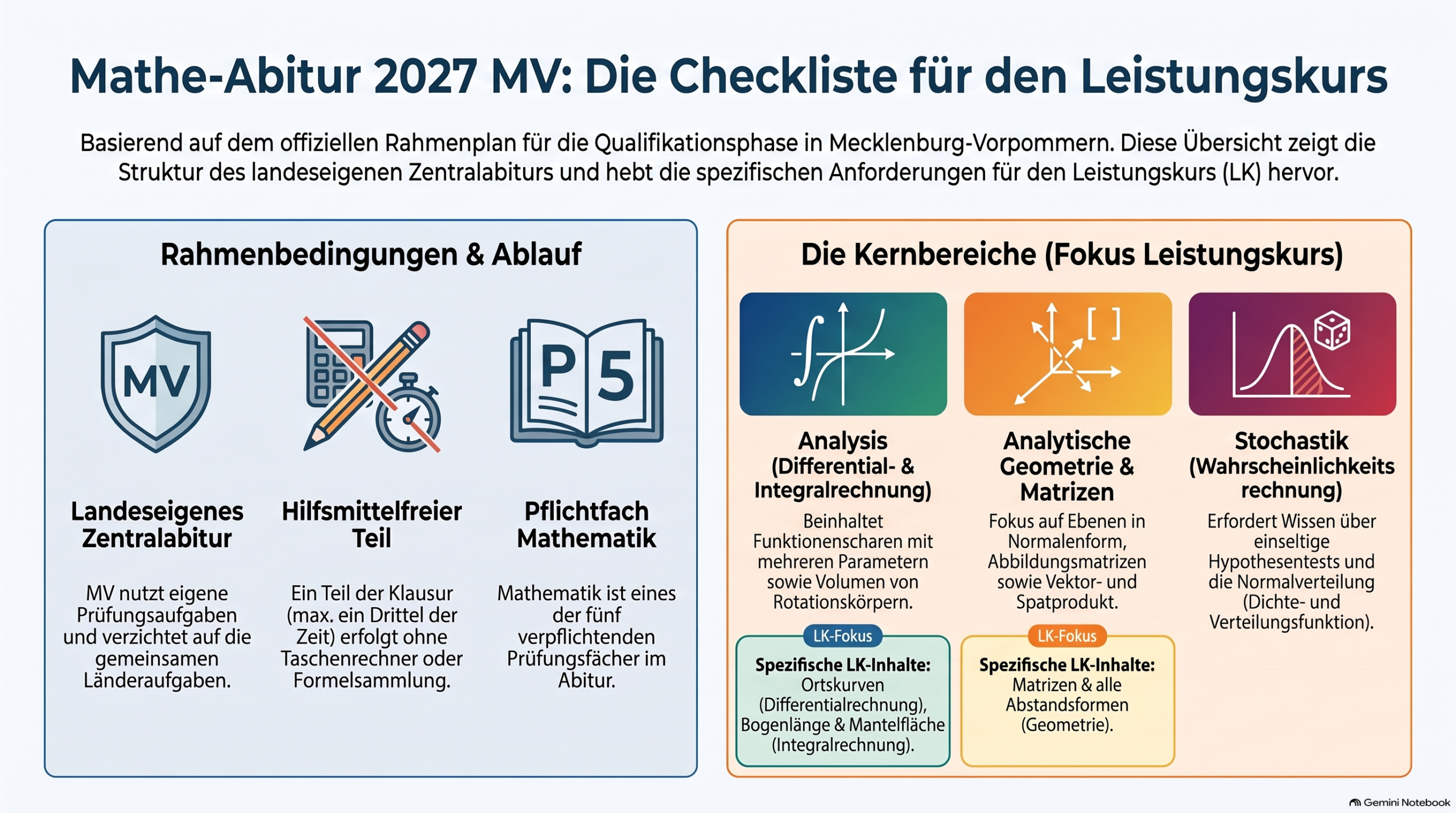 Infografik zum Mathe-Abitur 2027 in Mecklenburg-Vorpommern: Prüfungsablauf, Hilfsmittel und Themenschwerpunkte im Leistungskurs.