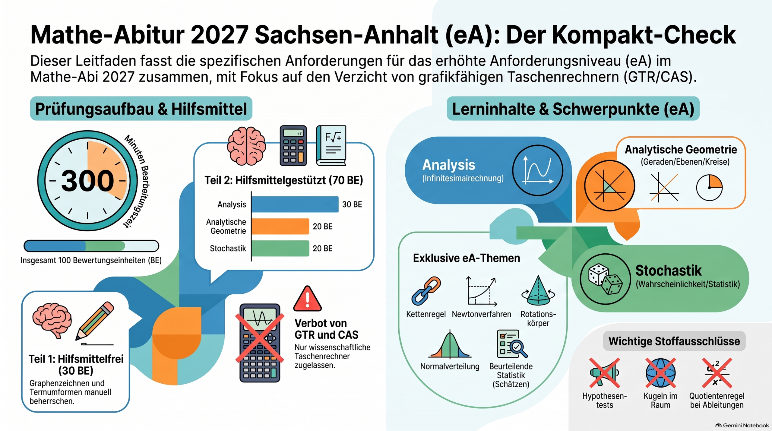 Infografik zum Mathe-Abitur 2027 in Sachsen-Anhalt: Prüfungsablauf, Hilfsmittel und Themenschwerpunkte im erhöhtes Anforderungsniveau.