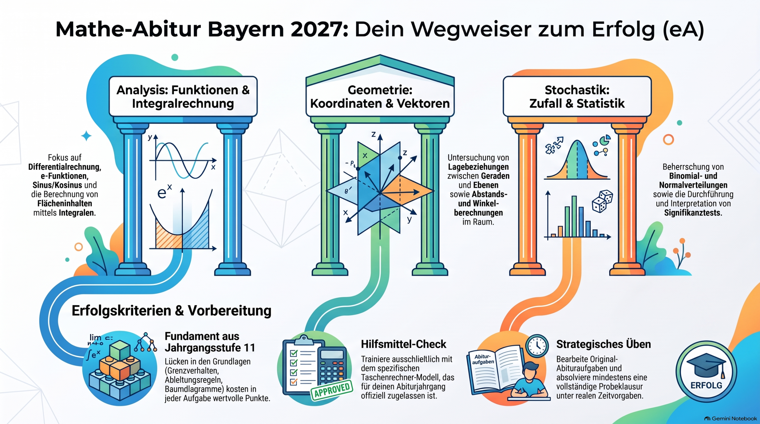 Infografik zum Mathe-Abitur 2027 in Bayern: Prüfungsablauf, Hilfsmittel und Themenschwerpunkte im erhöhtes Anforderungsniveau.