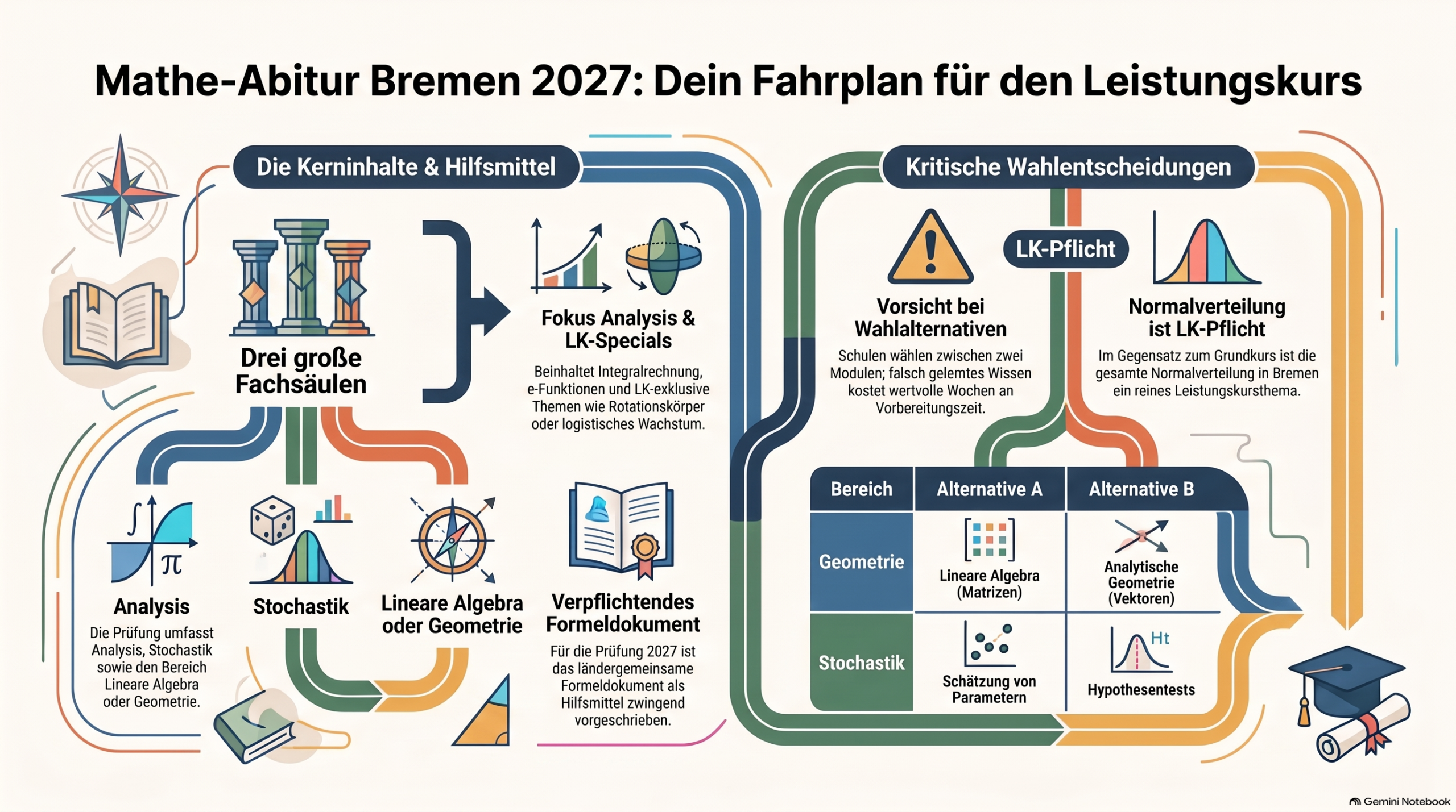 Infografik zum Mathe-Abitur 2027 in Bremen: Prüfungsablauf, Hilfsmittel und Themenschwerpunkte im Leistungskurs.