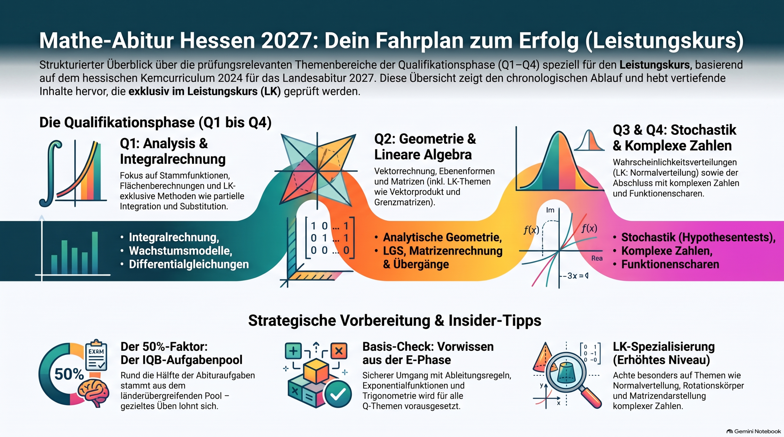 Infografik zum Mathe-Abitur 2027 in Hessen: Prüfungsablauf, Hilfsmittel und Themenschwerpunkte im Leistungskurs.