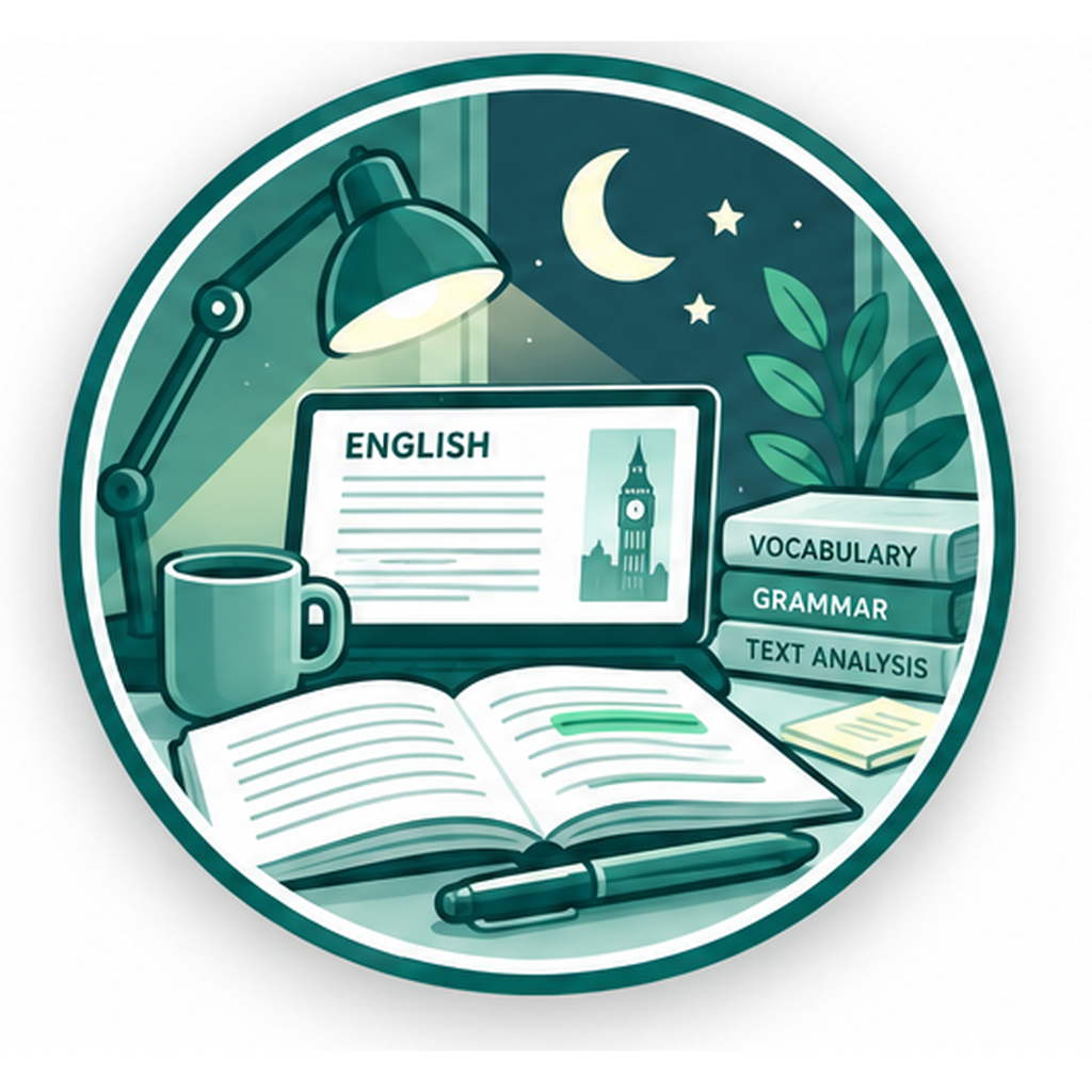 Englisch Abendkurs Lernen am Abend mit Laptop, Lampe und Büchern für den Englisch Abendkurs 2027