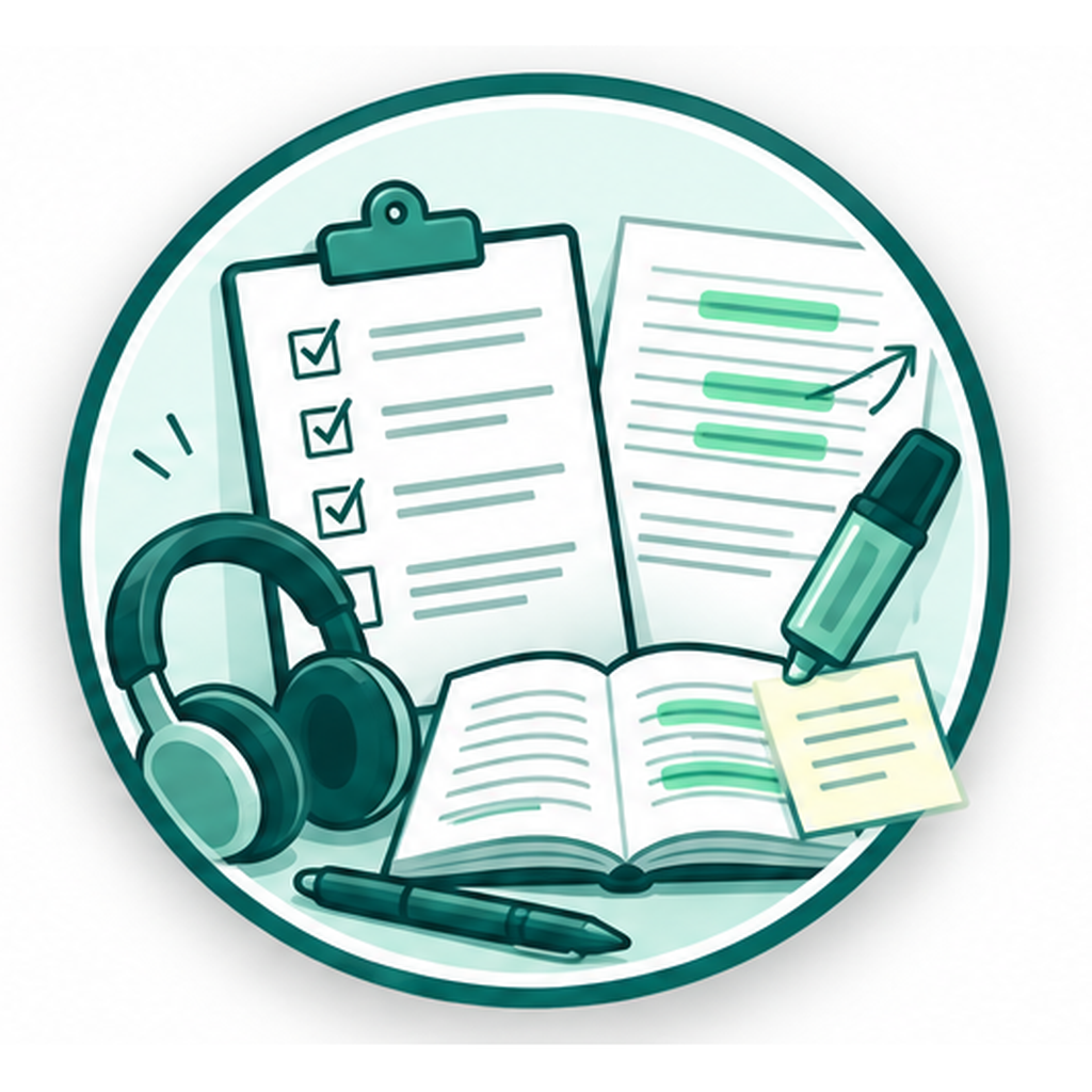 Englisch Fokus-Tage Checkliste, Kopfhörer und Textmarker für die Englisch Fokus-Tage 2027
