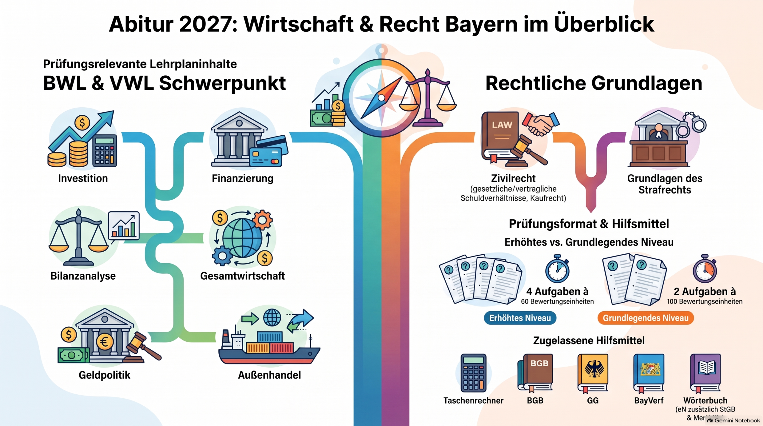Themenübersicht Wirtschaft und Recht-Abitur 2027 Bayern als Infografik