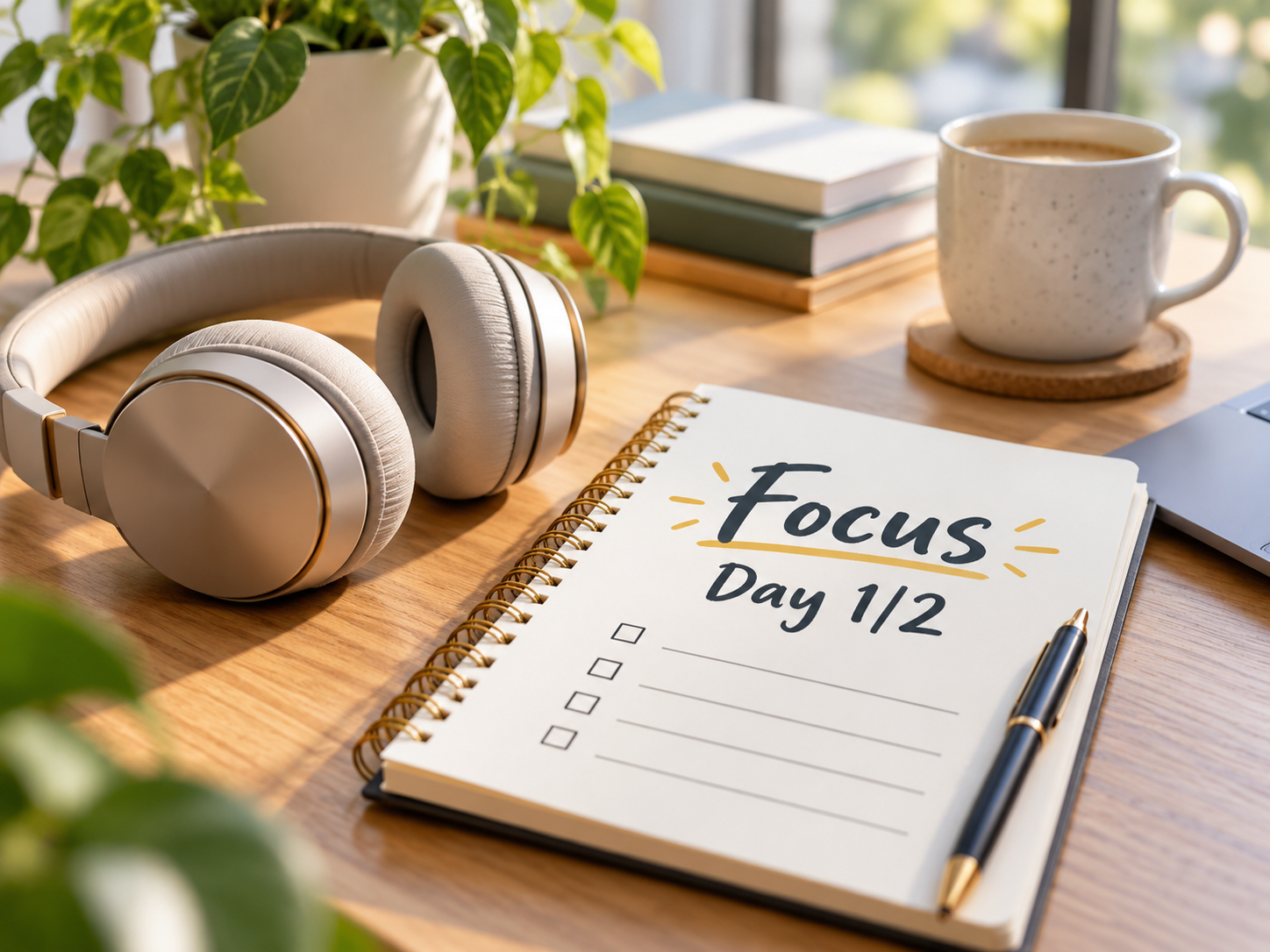 Focus Day 1/2 Kopfhörer und Notizbuch mit Aufschrift Focus Day auf einem Schreibtisch