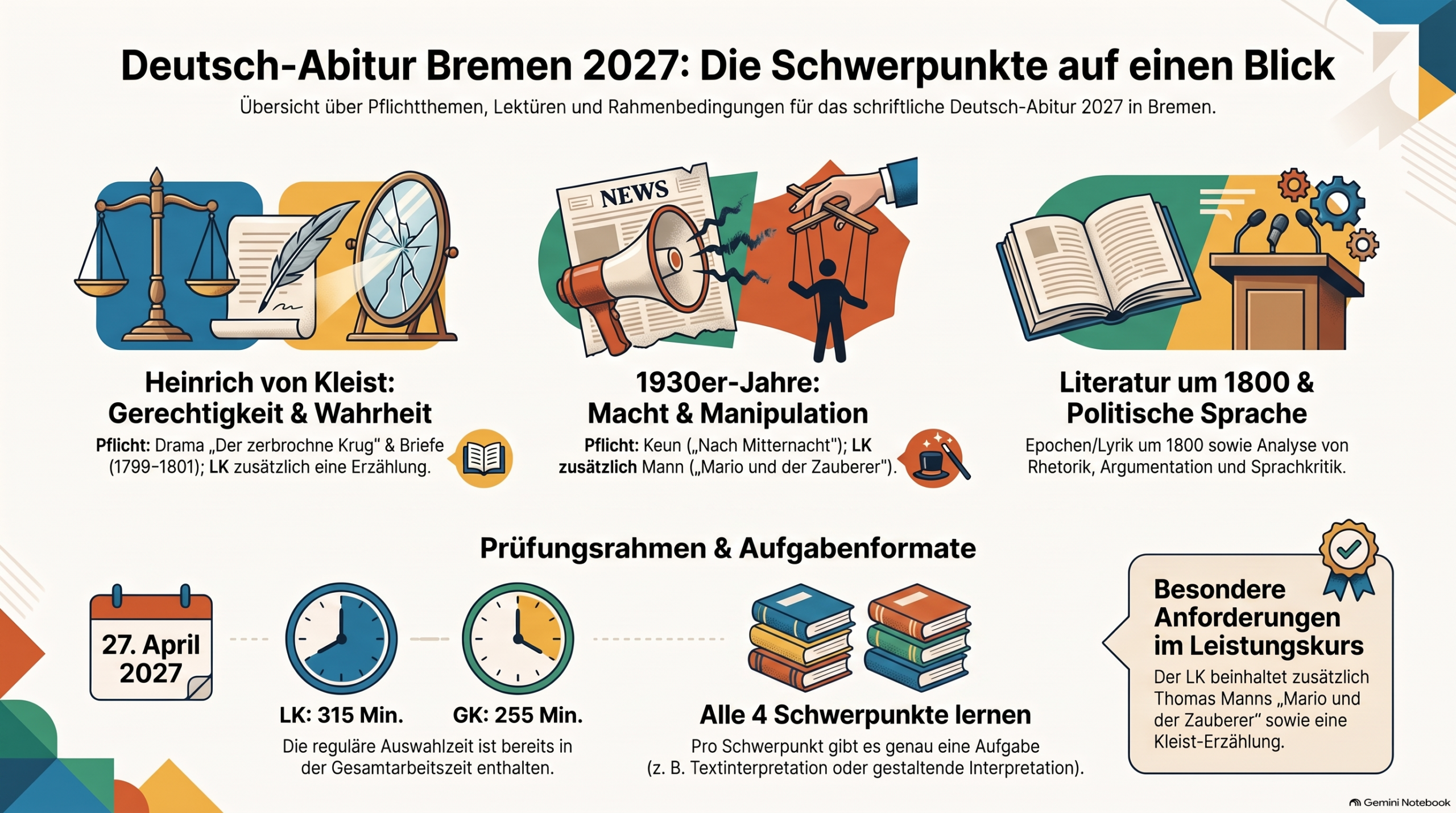 Themencheckliste Deutsch-Abitur Bremen 2027: Übersicht (KI-generiert)