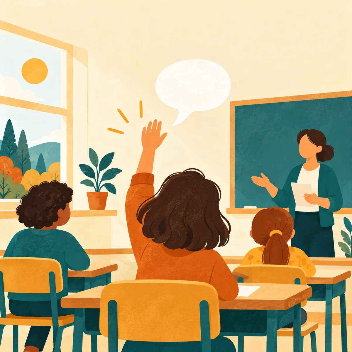 Klassenzimmer, in dem ein Schüler die Hand hebt, als Symbol für die mündliche Note.